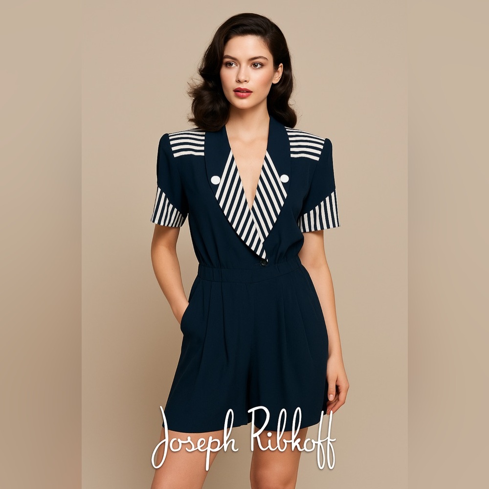 Joseph Ribkoff Navy and White Striped Short Sleeve Jumpsuit